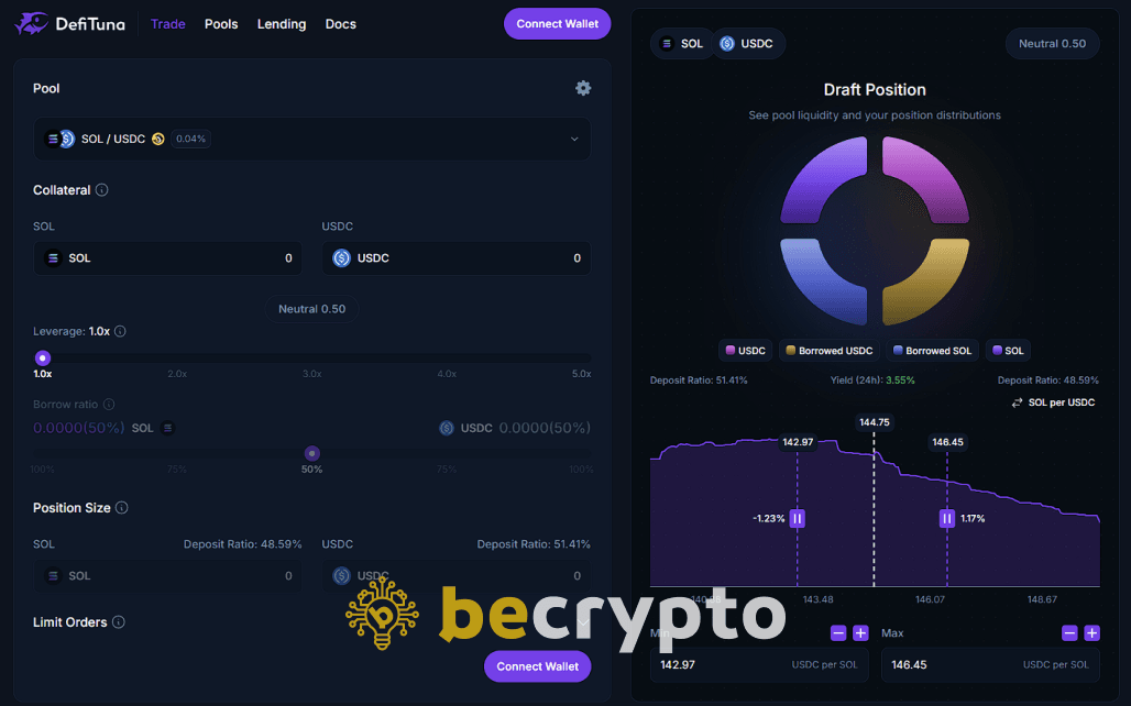 farm DeFiTuna airdrop - trading interface for opening leveraged LP positions on Solana with custom price ranges and capital efficiency tools.