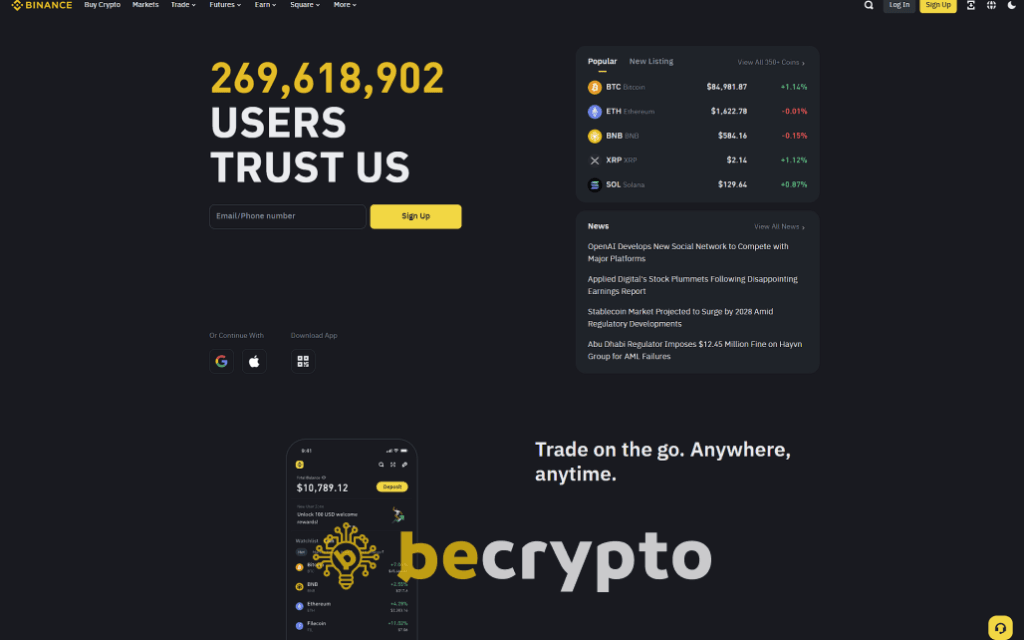Binance crypto exchange platform registration