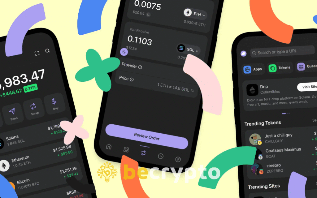 Phantom wallet banner showcasing multichain support for Solana, Ethereum, SUI, Bitcoin, Base and Polygon with built-in NFT, staking, and swap features.